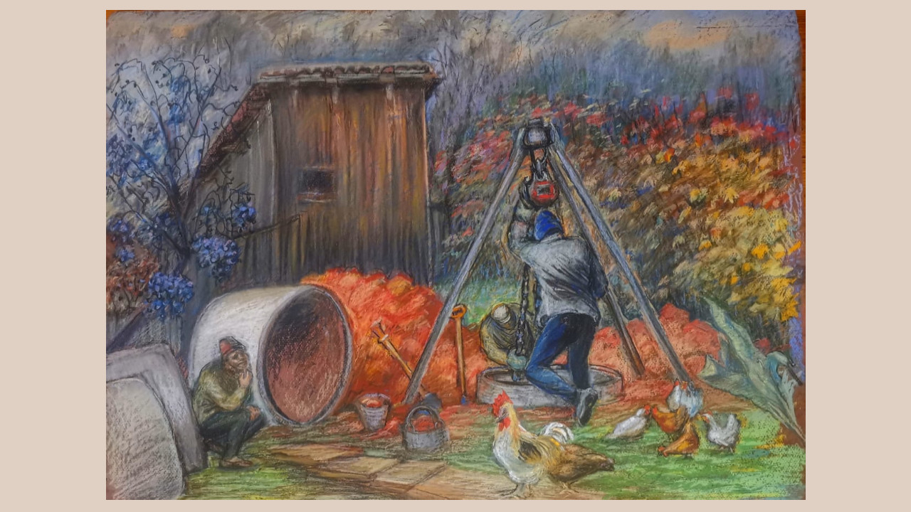 «Колодец, установка колец». Пастель по наждачному холсту. 31 октября 2025 г.